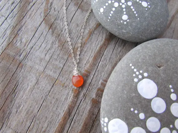 Carnelian Necklace, Orange Gemstone, Wire Wrapped, Small, Solitaire Pendant