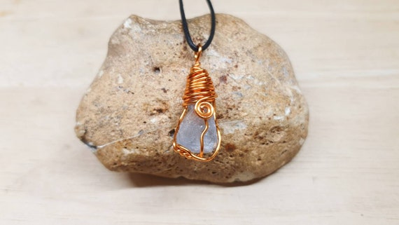 Copper Raw Celestite Pendant. Rare Blue Raw Crystal Necklace.  Reiki Jewelry Uk. Unisex Copper Wire Wrapped Pendant. Empowered Crystals