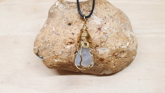 Rare Blue Celestite Pendant. Unisex Raw Crystal Necklace. Reiki Jewelry Uk. Mens Brass Wire Wrapped Pendant. Empowered Crystals