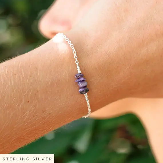 Charoite Crystal Chip Bead Bar Bracelet - Purple Beaded Real Mineral Bracelet - Dainty Handmade Genuine Gemstone Jewellery Gift For Women