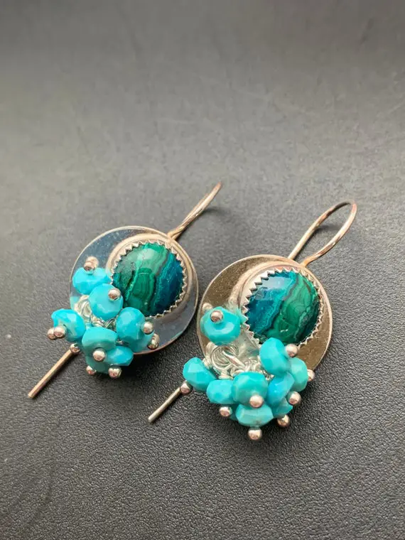 Chrysocolla And Turquoise Cluster Earrings