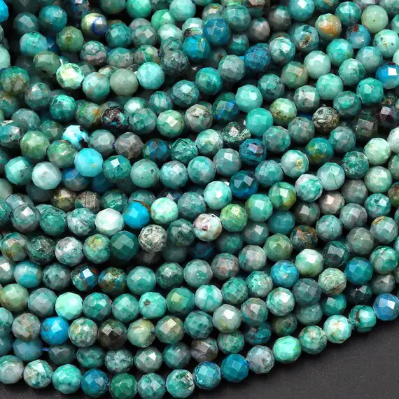 Natural Green Chrysocolla 4mm Faceted Round Beads Micro Diamond Cut Gemstone 15.5" Strand