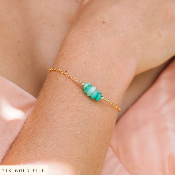 Chrysoprase Crystal Chip Bead Bar Bracelet - Green Beaded May Birthstone Bracelet - Dainty Handmade Genuine Gemstone Jewellery Gift For Her