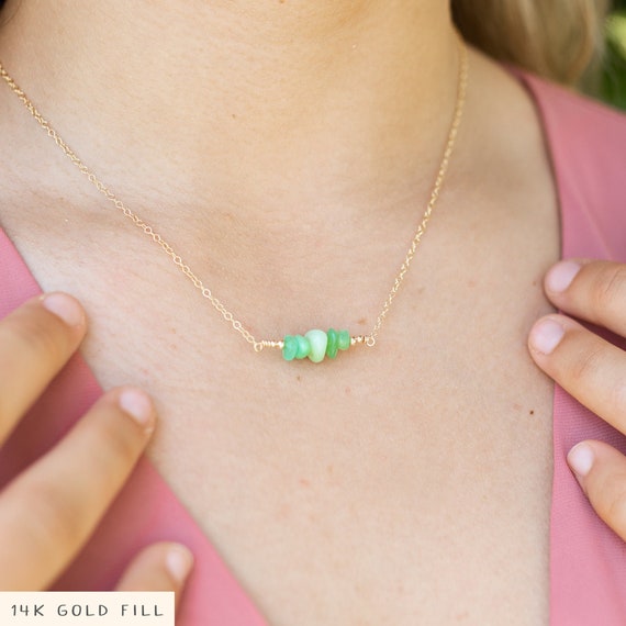 Chrysoprase Crystal Chip Bead Necklace. May Birthstone Beaded Jewellery. Green Genuine Gemstone Handmade Jewellery With Natural Minerals.