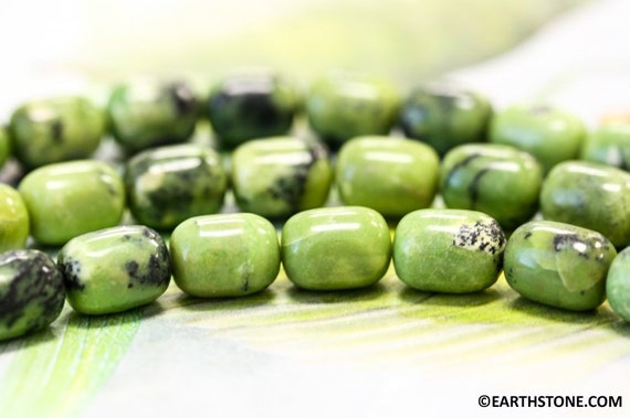 M/ Chrysoprase 9x12mm Barrel Oval Loose Beads About 32pc  16" Long  Bright Green With Black Matrix Gemstones Diy Beads