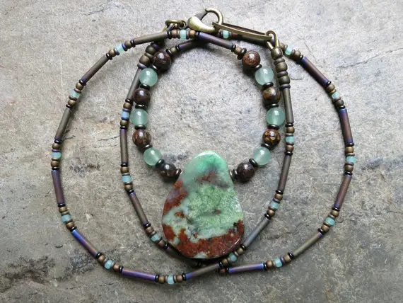 Earthy Chrysoprase Pendant Necklace, Rustic Brown And Mint Green Stone Pendant Beaded Necklace