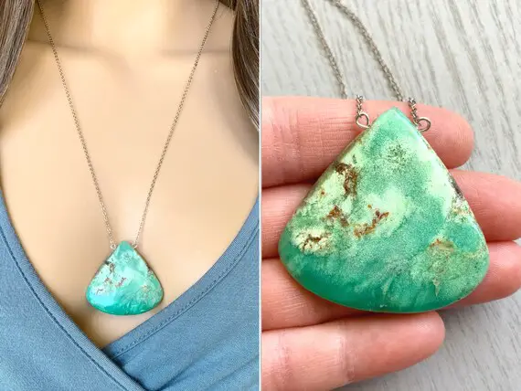 Raw Chrysoprase Necklace, Large Green Stone Necklace, Natural Chrysoprase Crystal Pendant Necklace Gold, Chrysoprase Jewelry, Actual Stone
