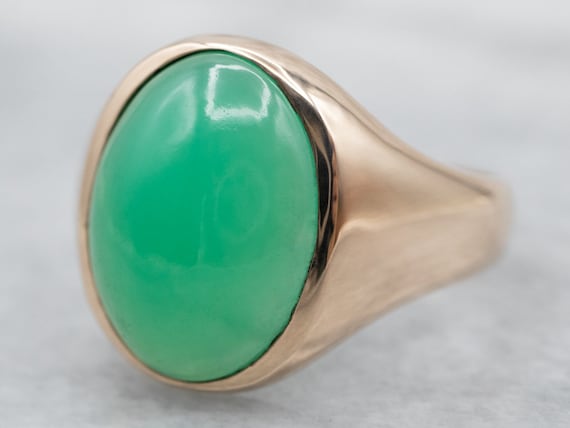 Mid Century Chrysoprase Ring, Unisex Cabochon Ring, Yellow Gold Chrysoprase Ring, Chrysoprase Jewelry, Green Stone Ring A11668