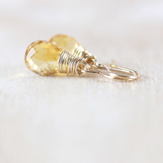 Citrine & 14kt Gold Filled Earrings, Aaa Dainty Yellow Gemstone Faceted Teardrops, Wire Wrapped Jewelry, November Birthstone Gift For Women