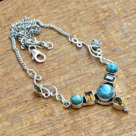 Turquoise Necklace, Sterling Silver Necklace, Citrine Necklace, Blue Copper Turquoise Necklace, Women's Necklace, Handmade Necklace, Gift