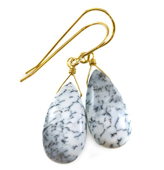 Dendrite Agate Earrings 14k Solid Gold Or Filled Or Sterling Silver Dangle Drops Natural Marbling White Black Simple Drops 1.5 Inches