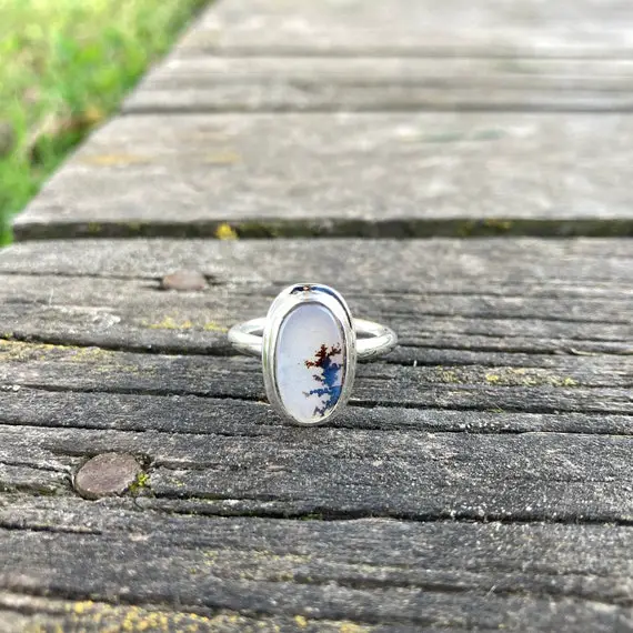 Dendritic Agate Silver Ring, Landscape Agate Ring Size 7 8 9 10, Simple Cute Design, Scenic Tree Agate Ring, Special Collection Piece