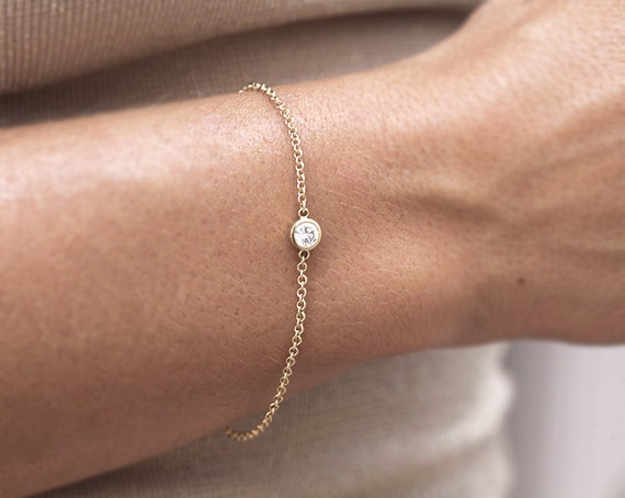 Diamond Bracelet, Solitaire Diamond Bracelet, 14k 18k Solid Gold Diamond Bracelet, Simple Anniversary Gift Bracelet, Gift For Her