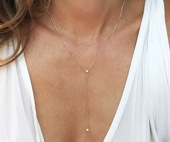 Diamond Lariat Necklace, Princess Diamond Necklace In 14k Yellow Gold. Rose Gold Lariat, White Gold Lariat Necklace, Delicate Diamond Chain