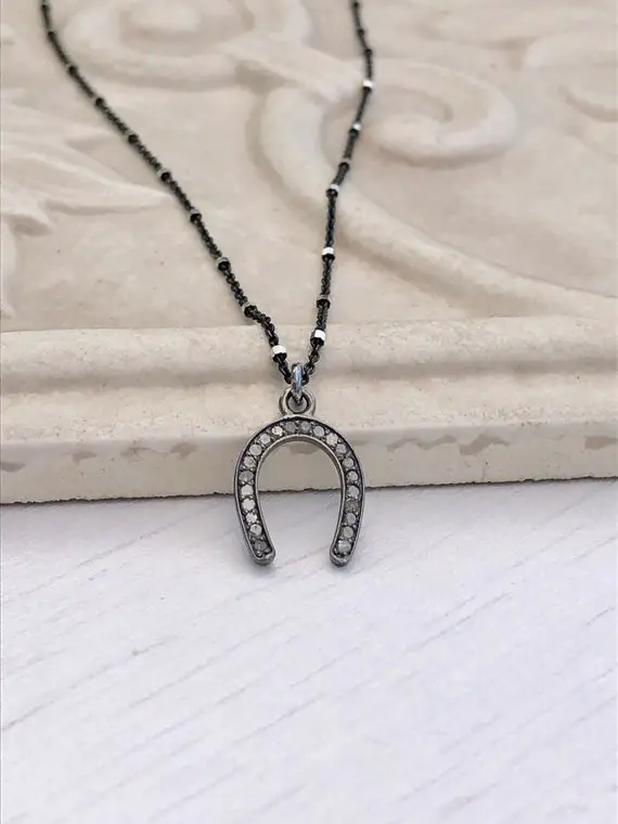 Horseshoe Necklace, Oxidized Silver Necklace, Diamond Horseshoe Charm, Good Luck Pendant, Graduation Gift, Minimalist Silver Satellite Chain