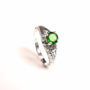 Shop Diopside Rings! Chrome Diopside (aka 'russian Emerald') Ring, 6.1 Mm X 0.98 Carat, Round Cut, Art Deco Revival Style Sterling Silver Ring | Natural genuine Diopside rings, simple unique handcrafted gemstone rings. #rings #jewelry #shopping #gift #handmade #fashion #style #affiliate #ad