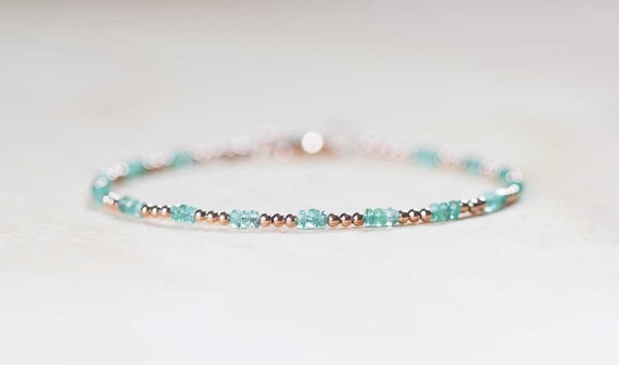 Delicate Emerald Bracelet With Rose Gold Fill Or Sterling Silver, Skinny Zambian Emerald Beaded Jewelry, May Birthstone