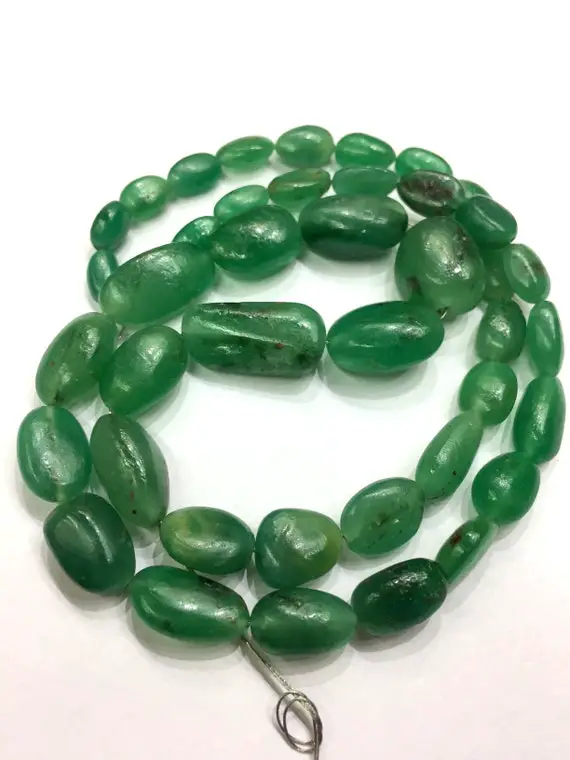 Natural Rare Green Emerald Smooth Plain Nuggets Beads Emerald Smooth Beads Emerald Gemstone Necklace 18" Strand
