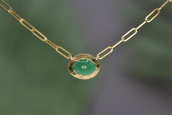 Cabochon Emerald Bezel Gold Necklace, Bezel Set Emerald Necklace, Natural Emerald Necklace, Paperclip Chain Necklace, Oval Emerald Necklace