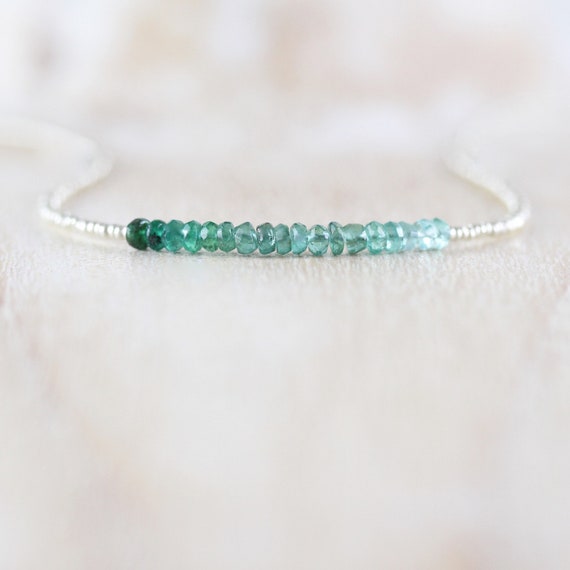 Emerald, Seed Bead & Sterling Silver Necklace, Tiny Ombre Gemstone Choker, Dainty Natural Crystal Jewelry, May Birthstone Gift For Women