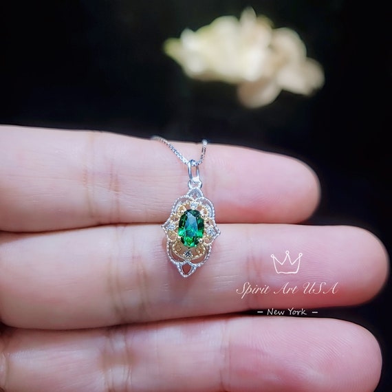 Tiny Thorn Apple Green Emerald Necklace -  Gold Plated Sterling Silver Minimalist Oval Green Emerald Pendant - Blessing Buddha Hand #172