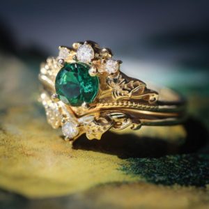 Emerald bridal ring set, engagement and wedding ring set, lab emerald ring, nature ring, leaves wedding band, leaf ring, stacking ring set | Natural genuine Array rings, simple unique alternative gemstone engagement rings. #rings #jewelry #bridal #wedding #jewelryaccessories #engagementrings #weddingideas #affiliate #ad