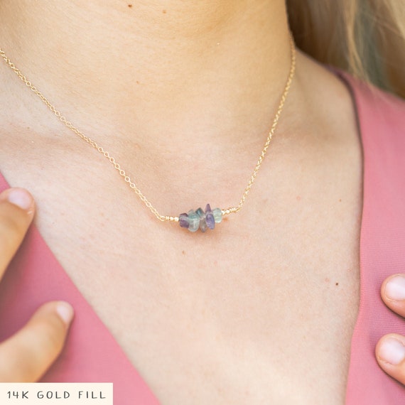 Fluorite Crystal Chip Bead Necklace. Rainbow Genuine Gemstone Beaded Jewellery. Dainty Handmade Natural Minerals Gift For Women.