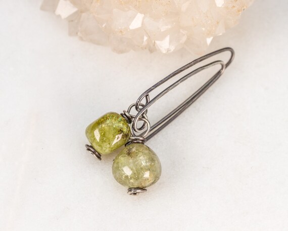 Green Garnet Earrings, Stone Nugget Earrings, Olive Green Earrings, Stone Drop Earrings In Oxidized Sterling Silver, Neutral Earrings