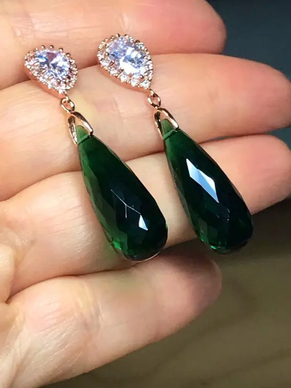 Luxury Green Amethyst Earrings. Rose Gold Studs. Pave Earrings. Elegant Statement. February Birthstone
