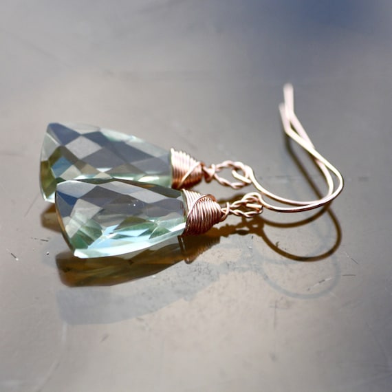 Natural Green Amethyst Earrings Solid 14k Rose Gold , February Birthstone , 6th 9th 28th 33rd Anniversary
