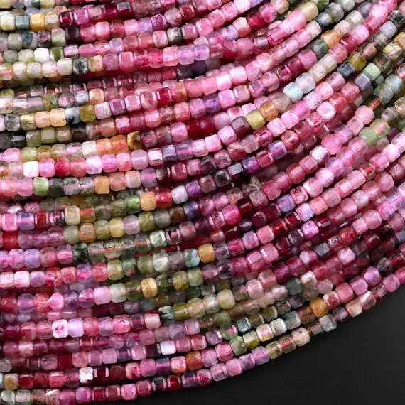 Aaa Natural Multicolor Pink Green Tourmaline Faceted 3mm Cube Square Dice Beads Gemstone 15.5" Strand