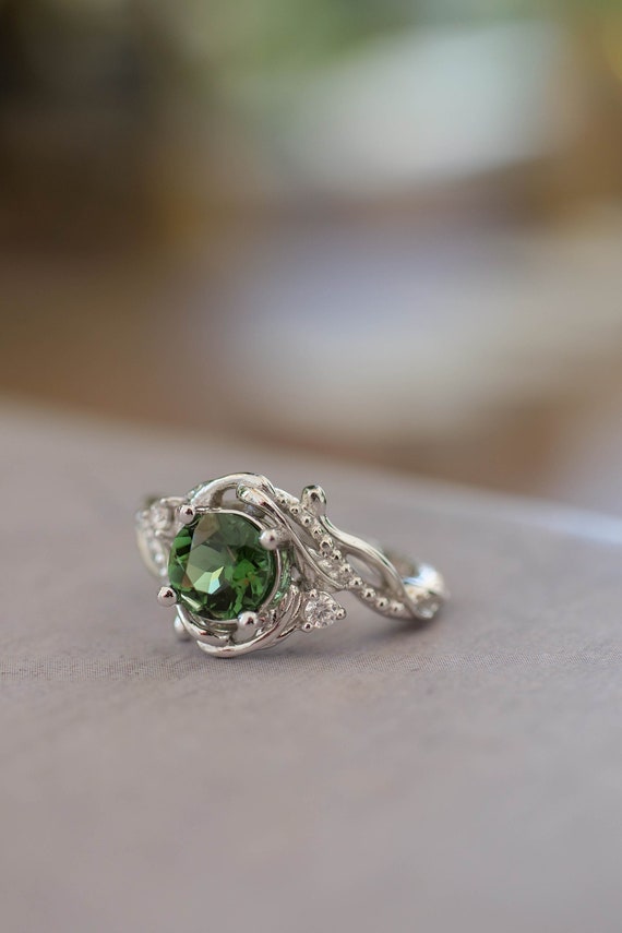 Green Tourmaline Ring, Nature Inspired Engagement Ring, Elvish Ring, White Gold Ring, Natural Tourmaline Ring, Gold Leaf Ring, Fantasy Ring