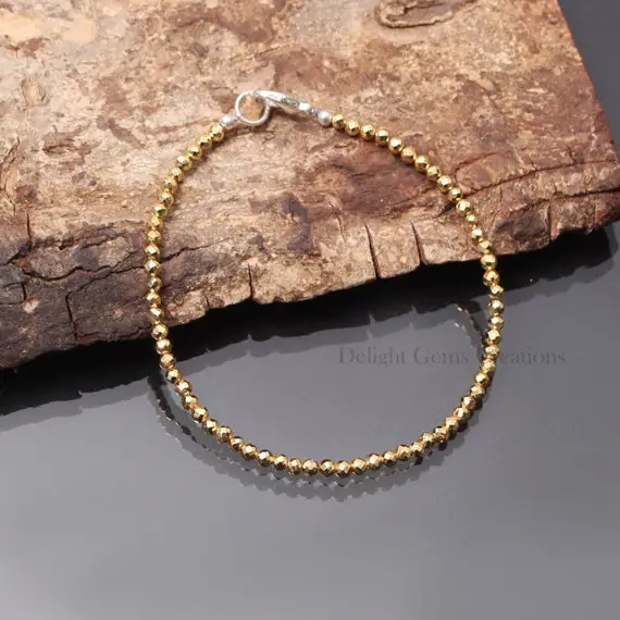 Natural Golden Hematite Beaded Bracelet 2.5mm Micro Faceted Hematite Tiny Bead Bracelet, Round Tiny Gold Hematite Faceted Bracelet 8 Inch