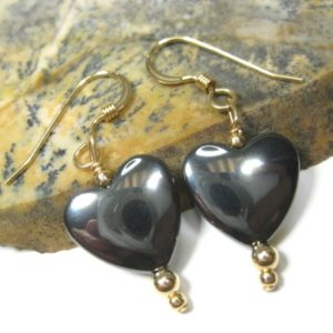 Hematite Heart Earrings in 14k Gold Filled Wire on 14k Gold Filled French Hooks or 14k Gold Filled Leverbacks | Natural genuine Gemstone earrings. Buy crystal jewelry, handmade handcrafted artisan jewelry for women.  Unique handmade gift ideas. #jewelry #beadedearrings #beadedjewelry #gift #shopping #handmadejewelry #fashion #style #product #earrings #affiliate #ad
