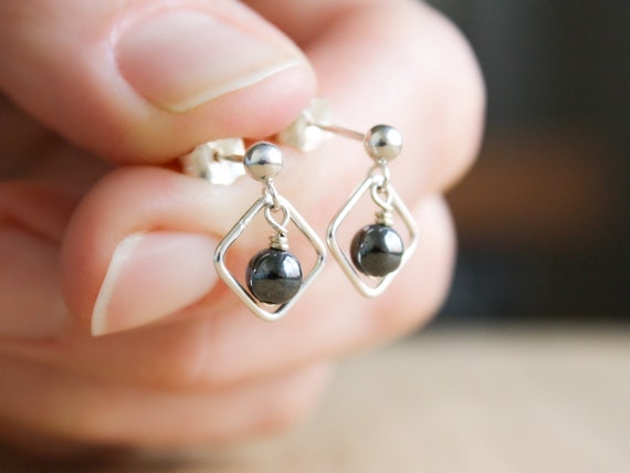 Hematite Stud Earrings . Anxiety Earrings . Geometric Stud Earrings In 925 Sterling Silver