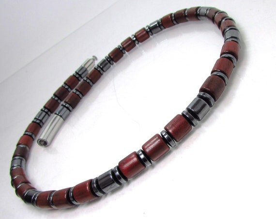 Masculine Handmade Necklace, Hematite Gemstone And Rosewood Men Necklace, Limited Edition, Mens Beaded Necklace, Mens Choker +gift Box