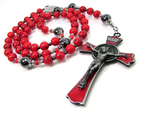Red Howlite & Hematite Rosary Necklace 5 Decades, Mens Rosary Necklace, Men Gemstone Necklace, Gemstone Rosary, Men Cross Necklace +gift Box