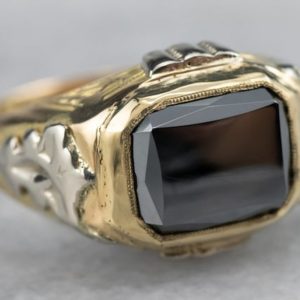 Shop Hematite Rings! 18K Two Toned Gold Hematite Ring, Vintage Hematite Ring, Unisex Hematite Ring, Hematite Jewelry, Estate Jewelry A5093 | Natural genuine Hematite rings, simple unique handcrafted gemstone rings. #rings #jewelry #shopping #gift #handmade #fashion #style #affiliate #ad