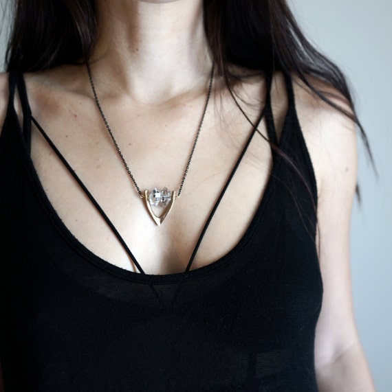 Cara / Herkimer Diamond Crystal Necklace, Raw Crystal Handmade Necklace, Bronze Sculpted Pendant, Black Chain, Wishbone Pendant, Couple Pair