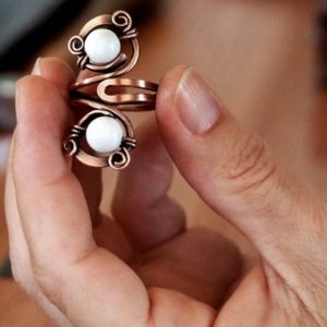 Shop Howlite Rings! Copper Howlite open band ring, Adjustable solid copper wire ring, Statement gemstone jewelry for women, Gifts for her from Greece | Natural genuine Howlite rings, simple unique handcrafted gemstone rings. #rings #jewelry #shopping #gift #handmade #fashion #style #affiliate #ad