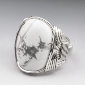 Shop Howlite Rings! White Howlite Gemstone 18x25mm Cabochon Sterling Silver Wire Wrapped Ring – Optional Oxidation/Antiquing – Made to Order and Ships Fast! | Natural genuine Howlite rings, simple unique handcrafted gemstone rings. #rings #jewelry #shopping #gift #handmade #fashion #style #affiliate #ad