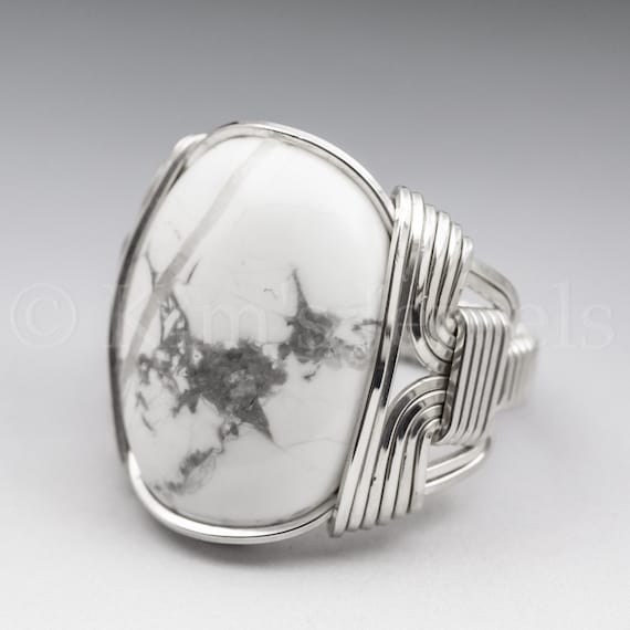 White Howlite Gemstone 18x25mm Cabochon Sterling Silver Wire Wrapped Ring - Optional Oxidation/antiquing - Made To Order And Ships Fast!