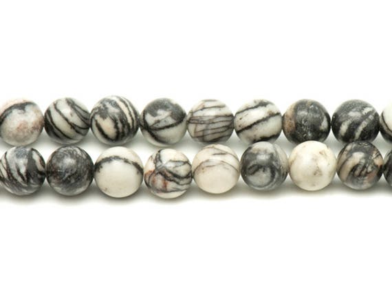 10pc - Perles Pierre Jaspe Zebre Boules 8mm Blanc Gris Noir Rayures Lignes - 7427039741743
