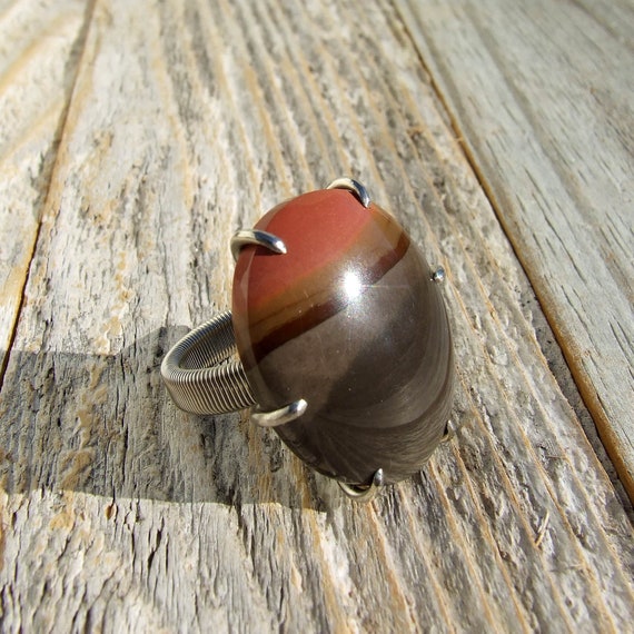 Polychrome Jasper Ring, Silver Size 6, Rose Pink And Gray