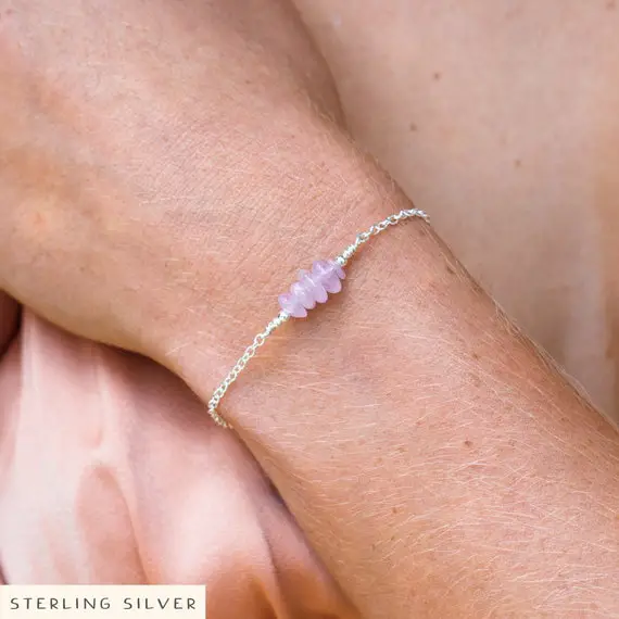 Kunzite Crystal Chip Bead Bar Bracelet - Dainty Handmade Genuine Gemstone Jewellery Gift - Pink / Purple Beaded Real Mineral Bracelet