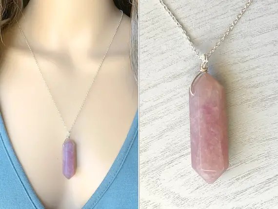 Double Point Crystal Necklace Silver Or Gold, Raw Kunzite Necklace, Kunzite Jewelry, Medium Purple Kunzite Gemstone Necklace Gift For Moms