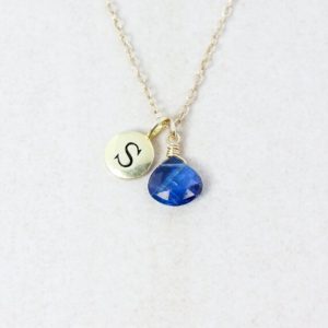 Shop Kyanite Necklaces! Cobalt Blue Kyanite Necklace, Stamped Letter Charm, Gold or Silver Setting | Natural genuine Kyanite necklaces. Buy crystal jewelry, handmade handcrafted artisan jewelry for women.  Unique handmade gift ideas. #jewelry #beadednecklaces #beadedjewelry #gift #shopping #handmadejewelry #fashion #style #product #necklaces #affiliate #ad
