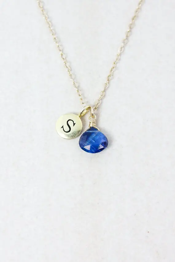 Cobalt Blue Kyanite Necklace, Stamped Letter Charm, Gold Or Silver Setting