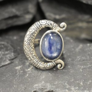 Shop Kyanite Rings! Crescent Ring, Natural Kyanite Ring, Statement Ring, Tribal Ring, Large Blue Ring, Blue Vintage Ring, Blue Crescent Ring, Solid Silver Ring | Natural genuine Kyanite rings, simple unique handcrafted gemstone rings. #rings #jewelry #shopping #gift #handmade #fashion #style #affiliate #ad