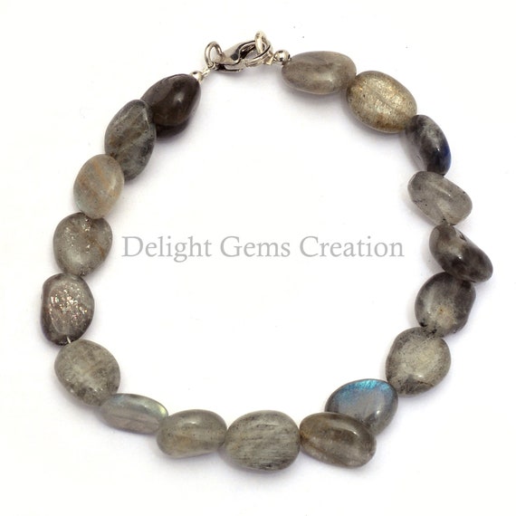 Labradorite Beaded Bracelet, 9-11 Mm Labradorite Smooth Tumble Beads Bracelet, Gemstone Bead Bracelet, Sterling Silver, Labradorite Jewelry